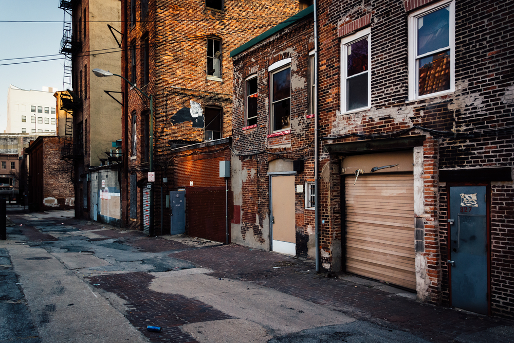 Old buildings in an alley in Baltimore, Maryland.